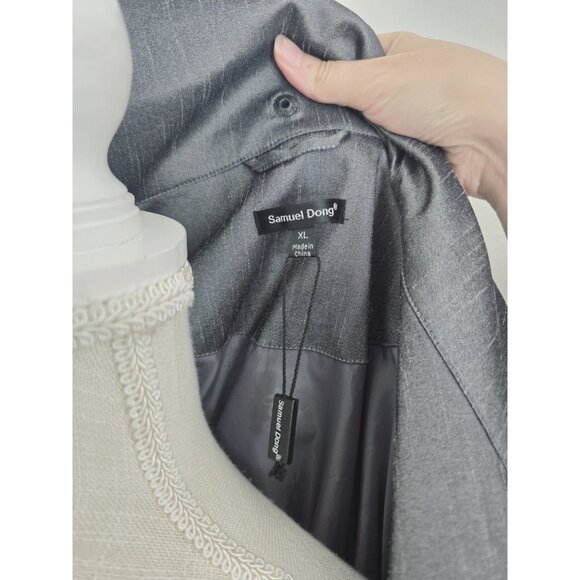 Samuel Dong Gray Metallic Taffeta Collared Bubble Hem Zip Trench Jacket Coat XL - Picture 14 of 14